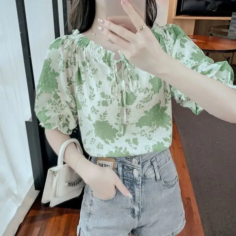 Temperament Floral Blouse Summer New Short Sleeve Lacing Drawstring Printing Loose Shirt Tops Fashion Elegant Women Clothing