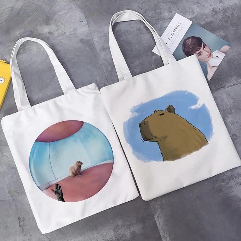 Women Shoulder Bags Cute Capybara Print Reusable Shopping Bag  Canvas Tote Bags Printing Eco Bag Cartoon Large Shopper Beach Bag