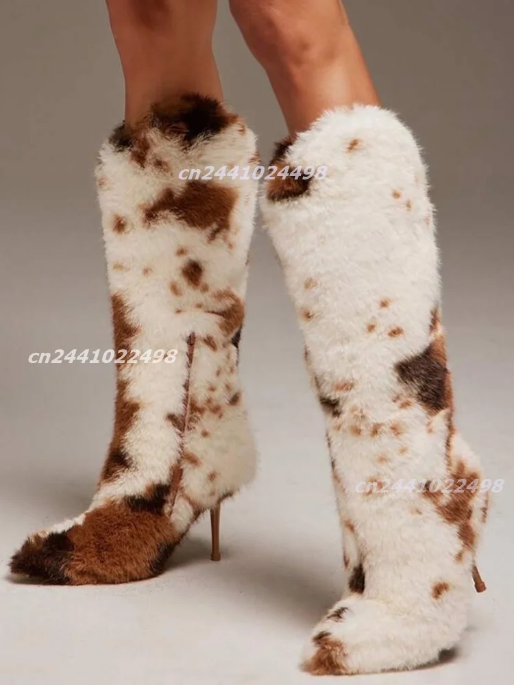 Cow Print Faux Fur Knee High Boots for Women Fluffy Spotted Furry Boots Pointed Toe Stiletto High Heel Side Zipper Winter Boot