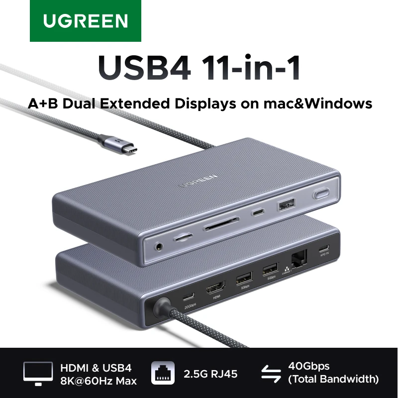 UGREEN 11-in-1 USB4 Docking Station Dual Monitor 4K@120Hz for MacBook USB4 20Gbps HDMI 2.5GbE USB-A&C SD/TF Audio 115W Charging
