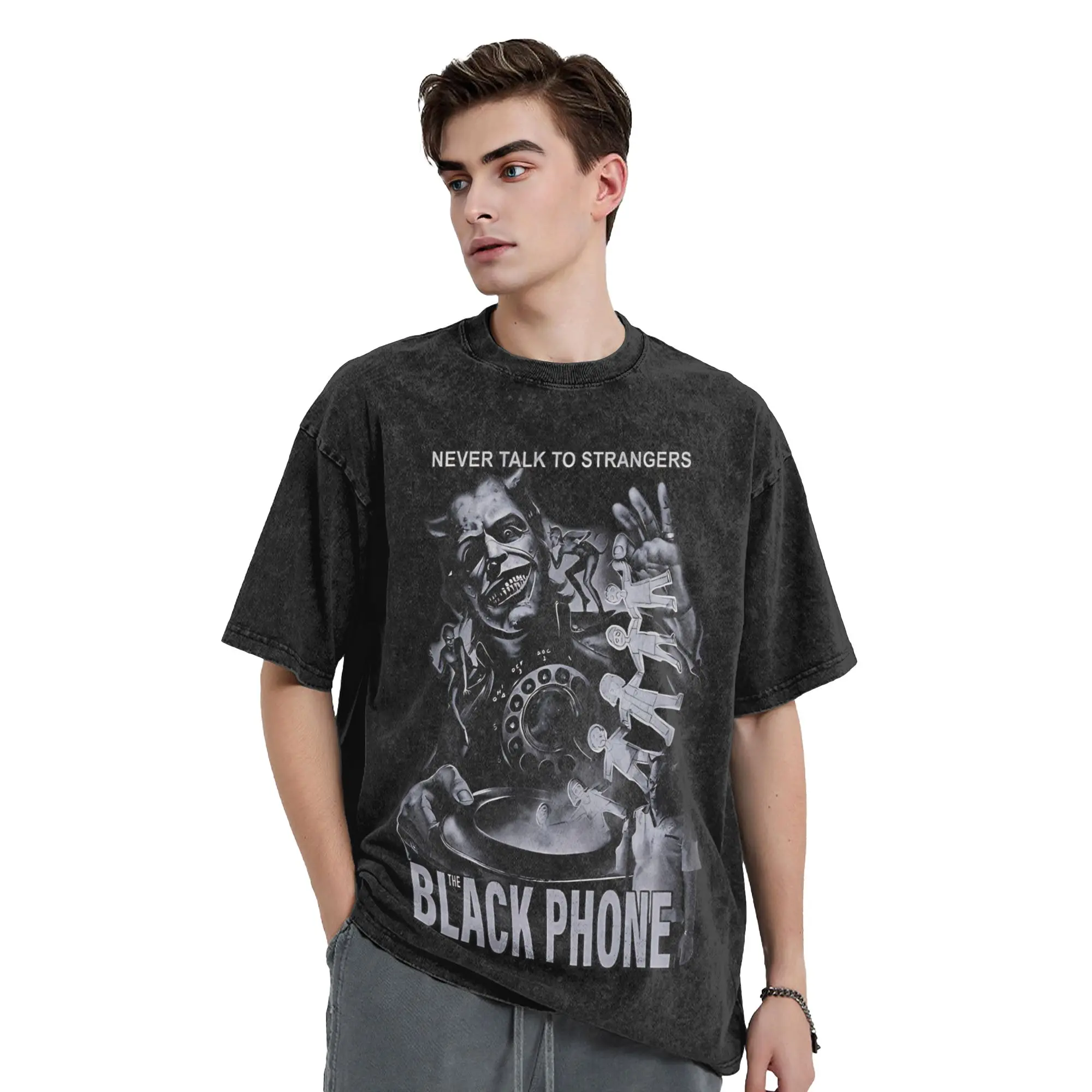 الهاتف الأسود فيلم الرعب غسلها تي شيرت رجل ريترو تي شيرت غير رسمي الصيف س الرقبة العصرية كول تيز بسيط حجم كبير الملابس