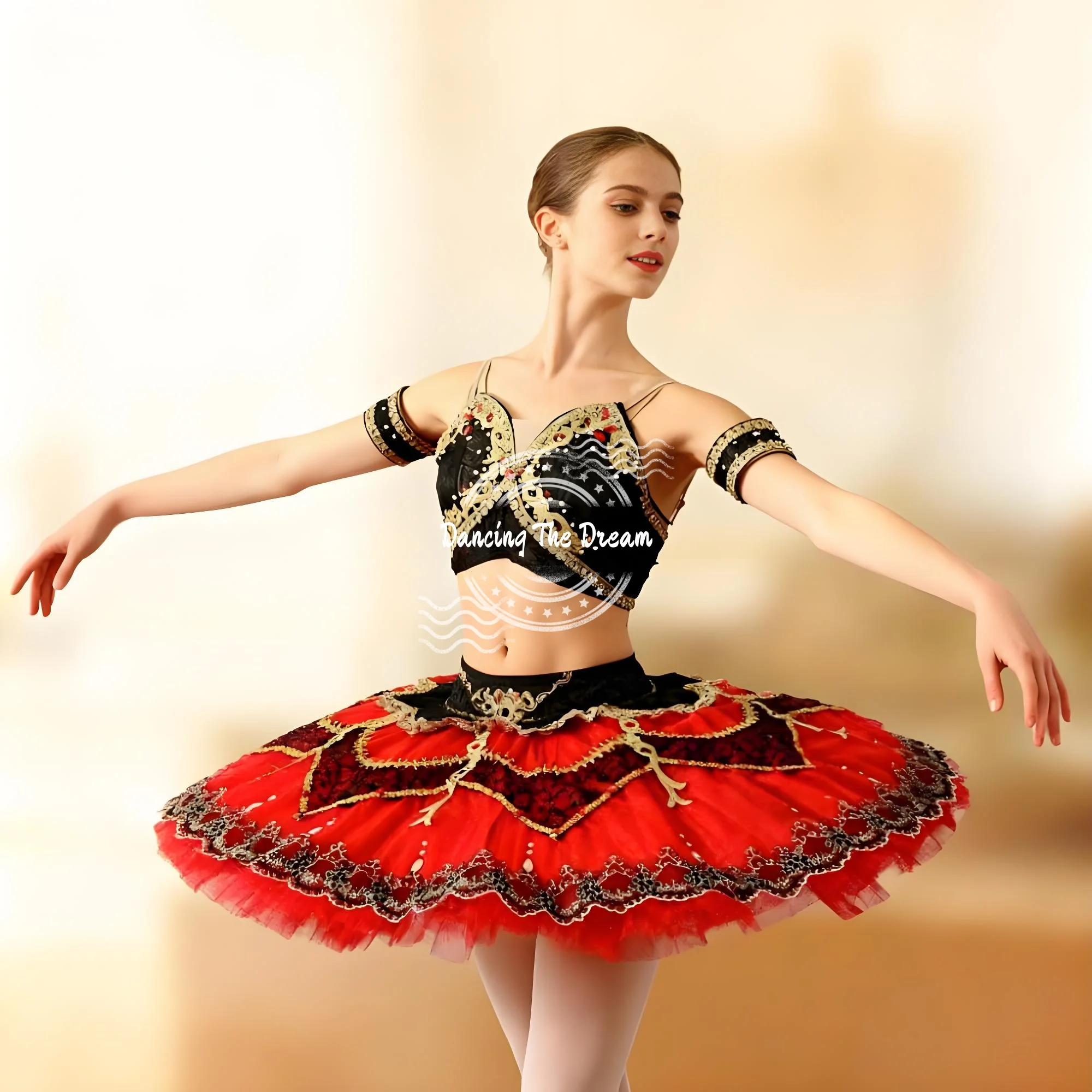 Costume da spettacolo decorato con abito tutù da balletto rosso e nero da donna