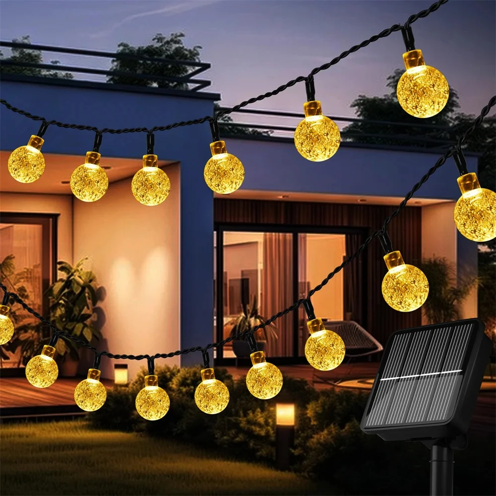 Impermeável Solar String Lights para Exterior, 50LEDs, Crystal Globe, 8 Modes, Jardim, Árvore, Pátio, Festa, Decorações de Natal