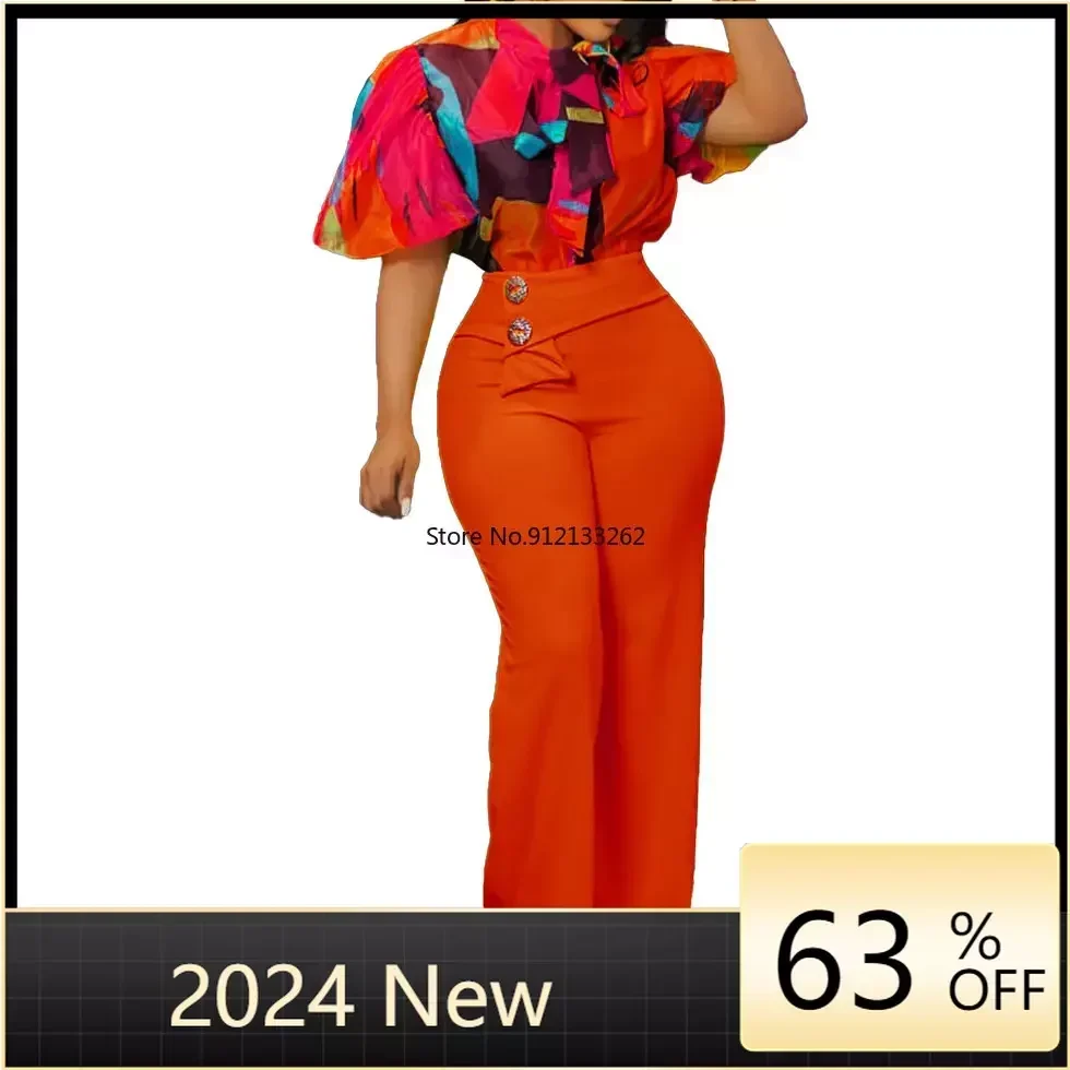 

Новый летний женский брючный костюм с принтом, воротник-стойка, рубашка с длинными рукавами, топ, широкие брюки, модный комплект из 2 предметов