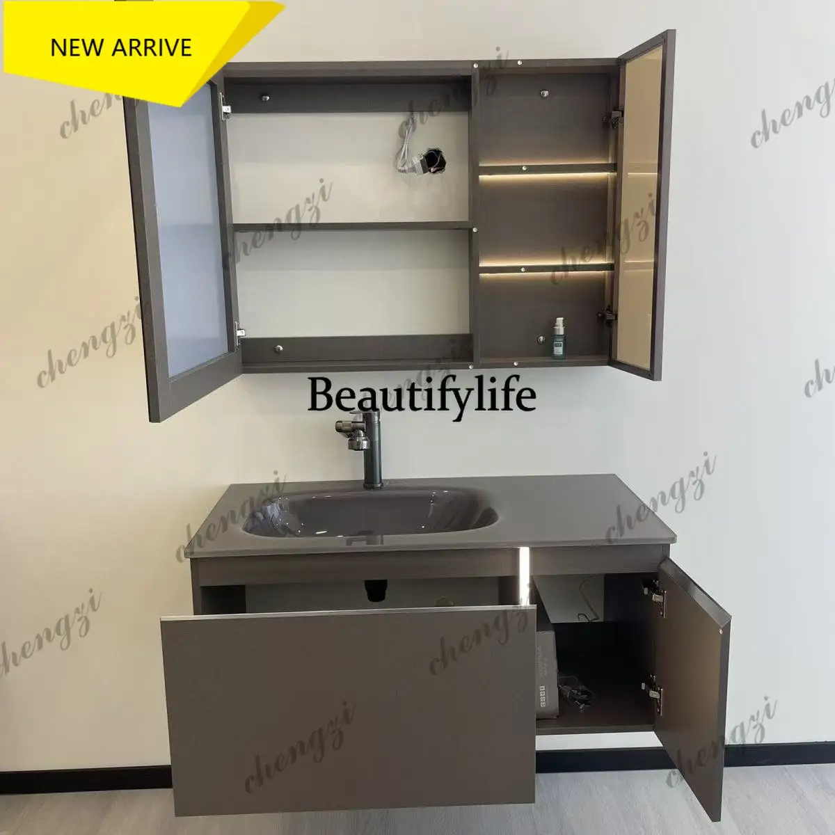 p18    Light luxury tempered glass integrated basin solid wood bathroom cabinet combined bathroom washstand