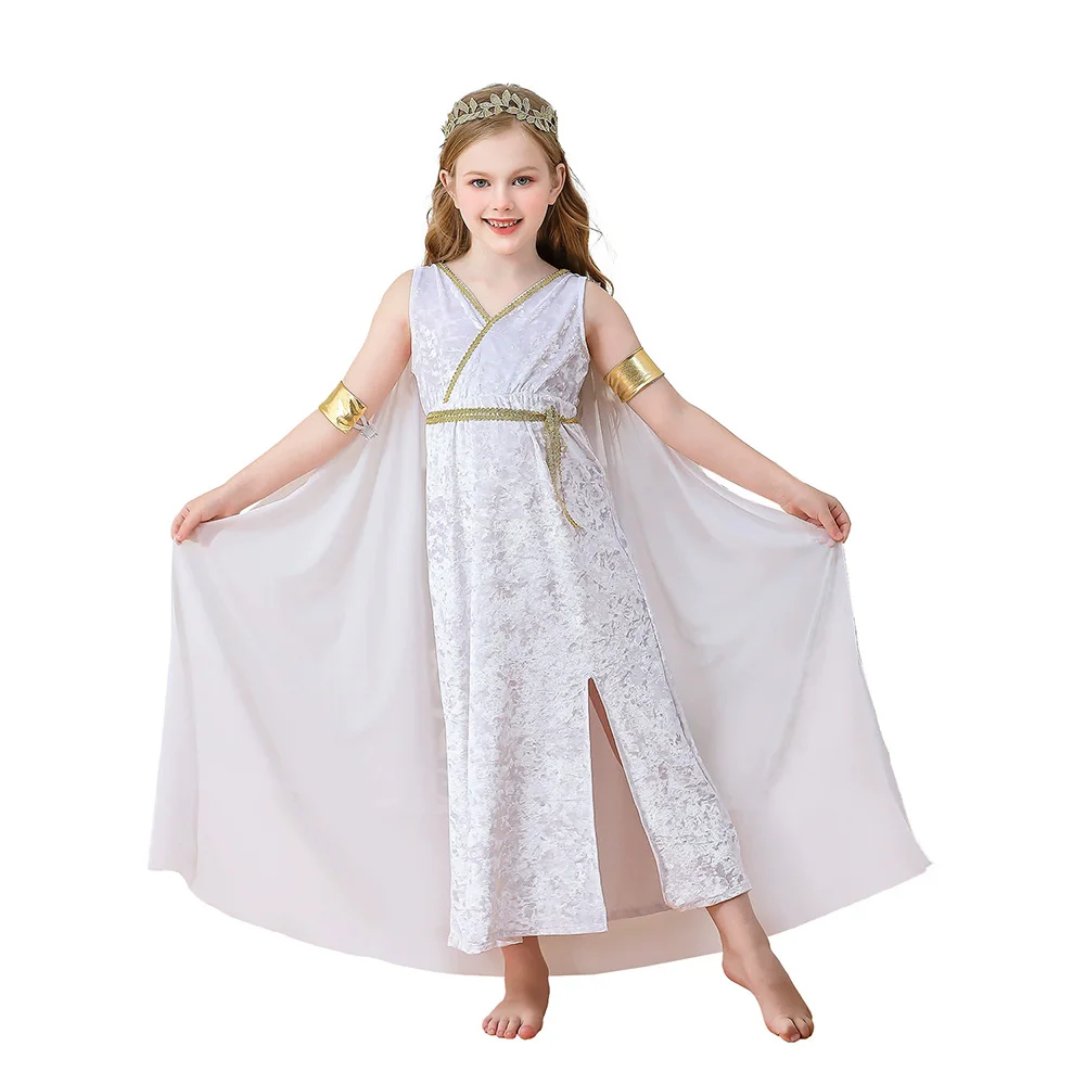 

Girl White Ancient Egyptian Queen Greek Goddess Cosplay Costume Goddess Elegant Cleopatrar Dress Costumes Kid Hallween Party