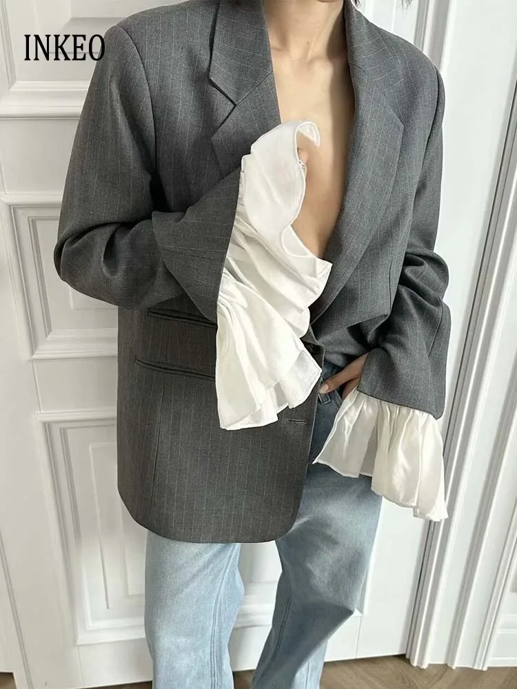 Fashion Patchwork ruffle blazer for women 2025New Design Flare sleeve striped print jacket Office lady suit Autumn INKEO 4O081