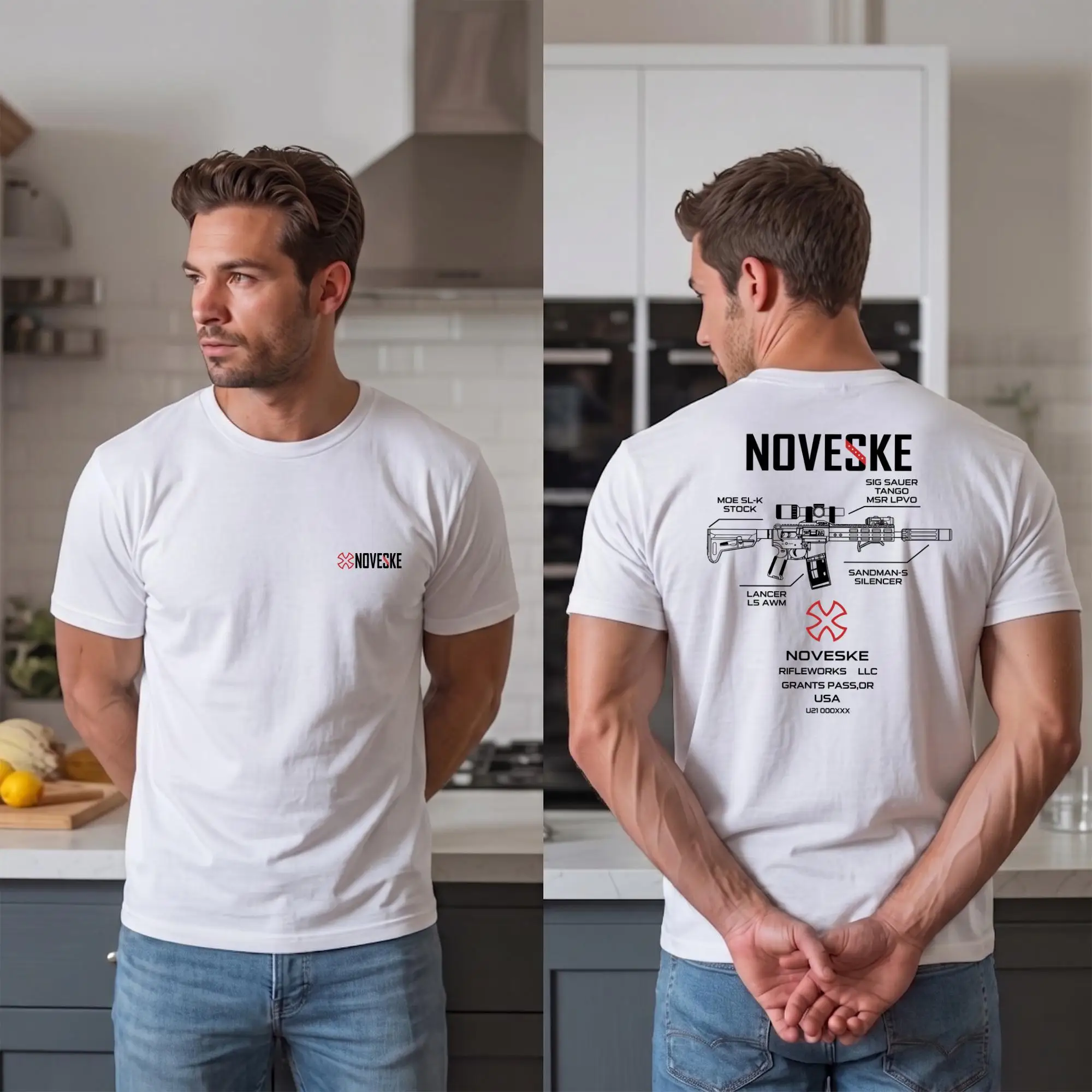 2026 New NOVESKE Unisex Oversized Streetwear T Shirt Tactical Blueprint Graphic Tees Double Sided Print Casual Cotton Tops
