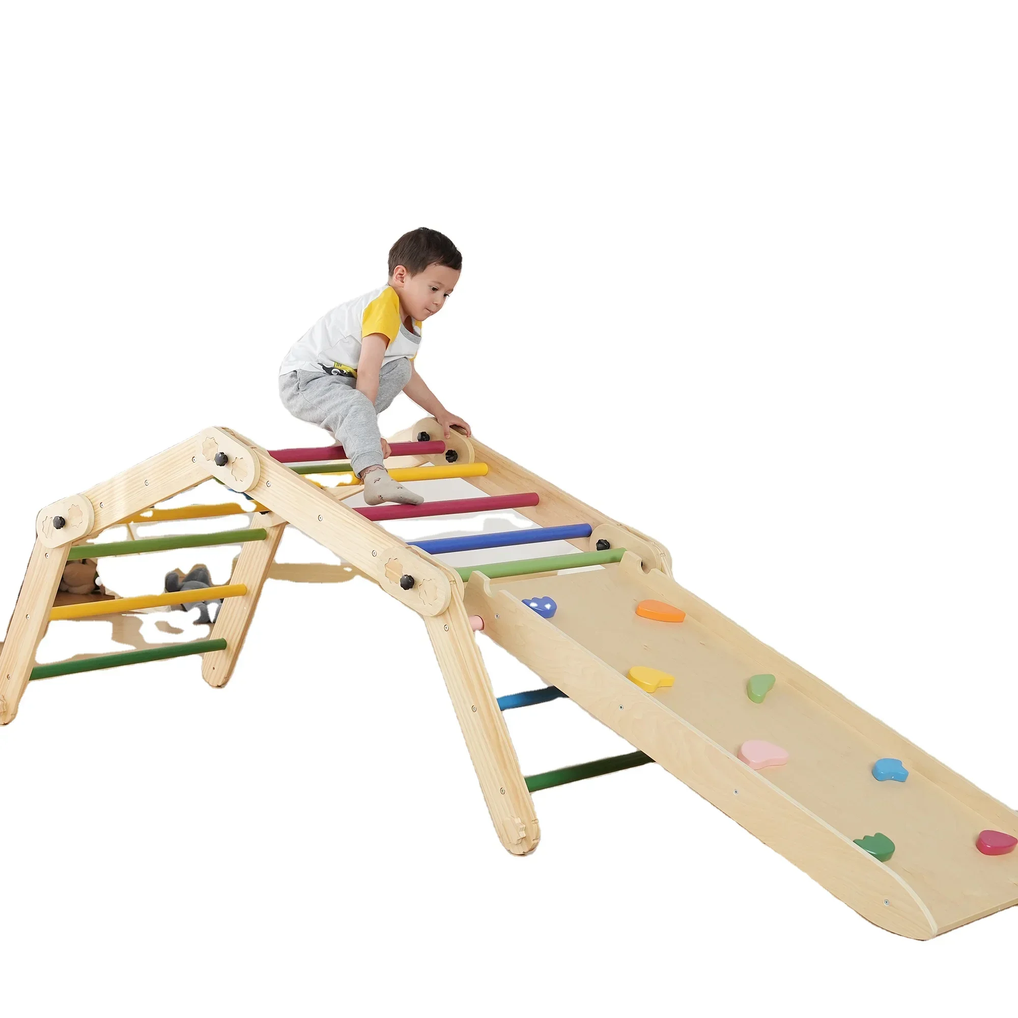 Wooden Safety Sturdy Kids Play Gym Foldable Climbing Triangle Ladder Toys with Ramp for Sliding