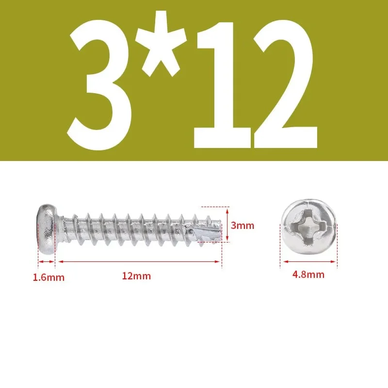 Cross Round Head Cutting Tail Tapping Screw M3x12mm Nickel Plated Phillips Thread Cutting PT Screw