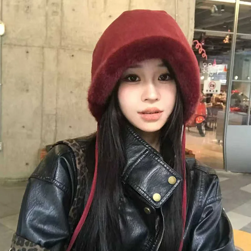 الكورية سميكة الجلد المدبوغ لطيف حزام دلو القبعات للنساء الخريف والشتاء السفر الدافئة تنوعا تظهر الوجه قبعة ليو فنغ الصغيرة #5