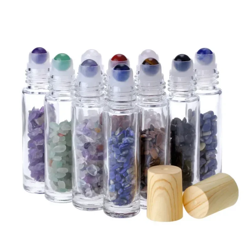 Natural Gemstone Jade Roller Bottle Plastic Wood Grain Lid for Essential Oil Crystal Roll Ball 10ml 10pcs P230