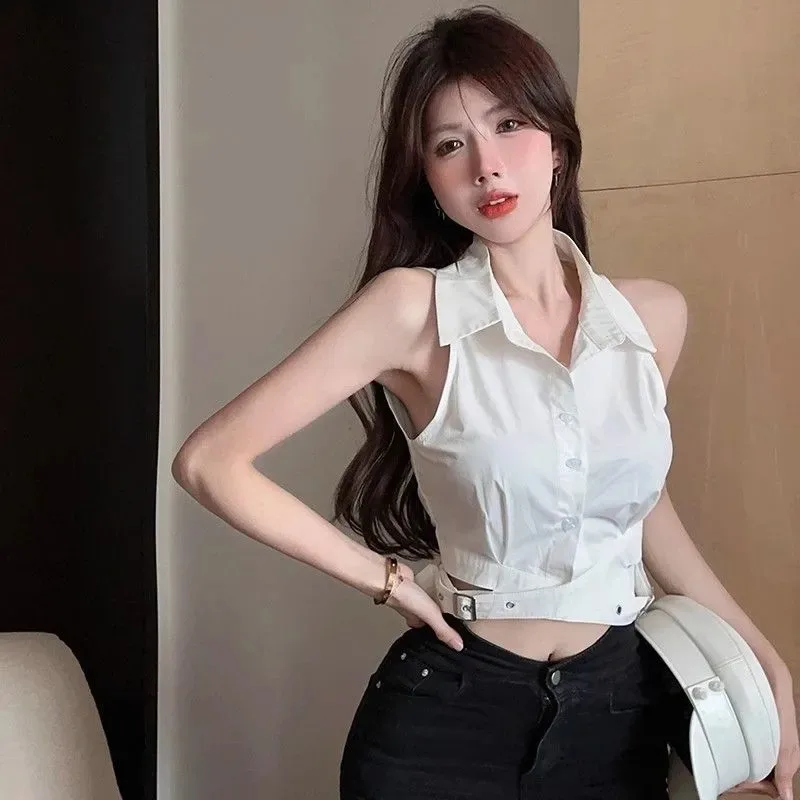 

Fashionable Lapel Sleeveless Vest Women's Slim Design Sexy Solid Color Versatile Button Splicing Hollow Chic Top