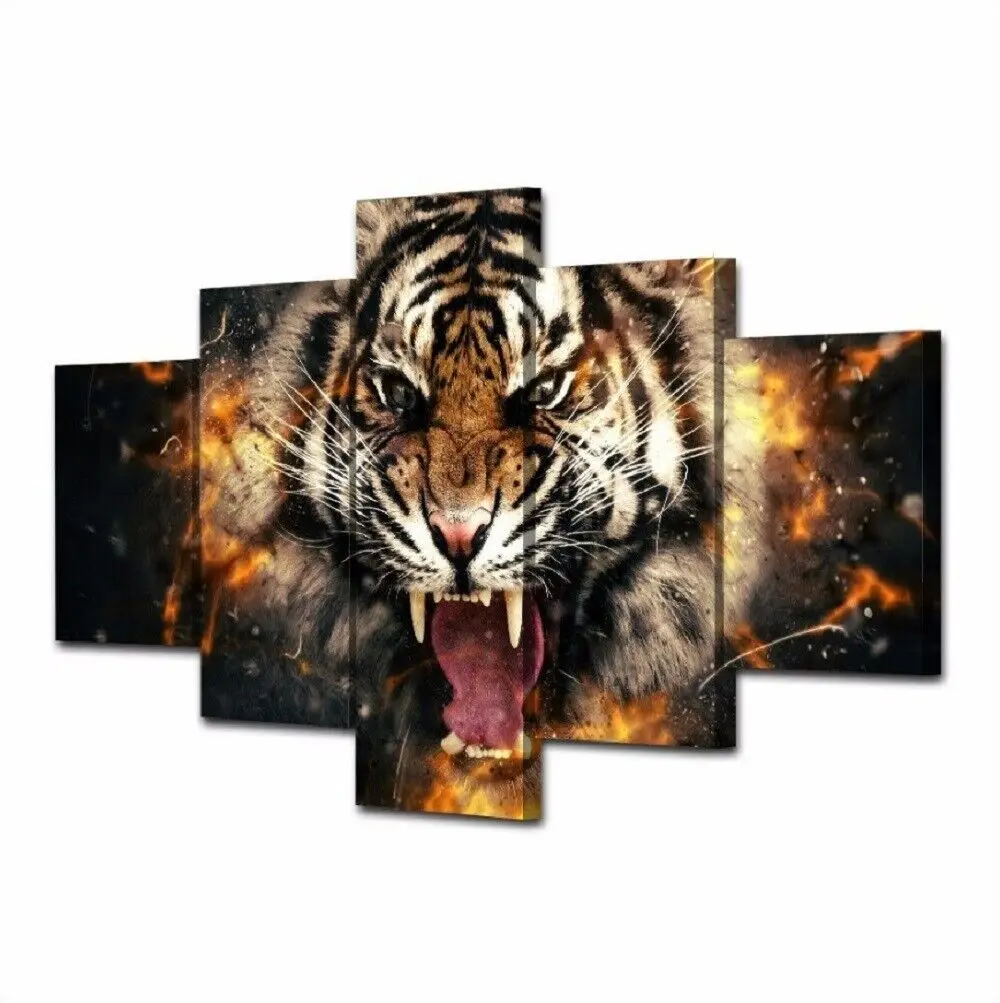 No Frame Canvas 5Pcs Abstract Angry Tiger Animal Wall Art Posters Prints Pictures Paintings Home Decorations Room Decor