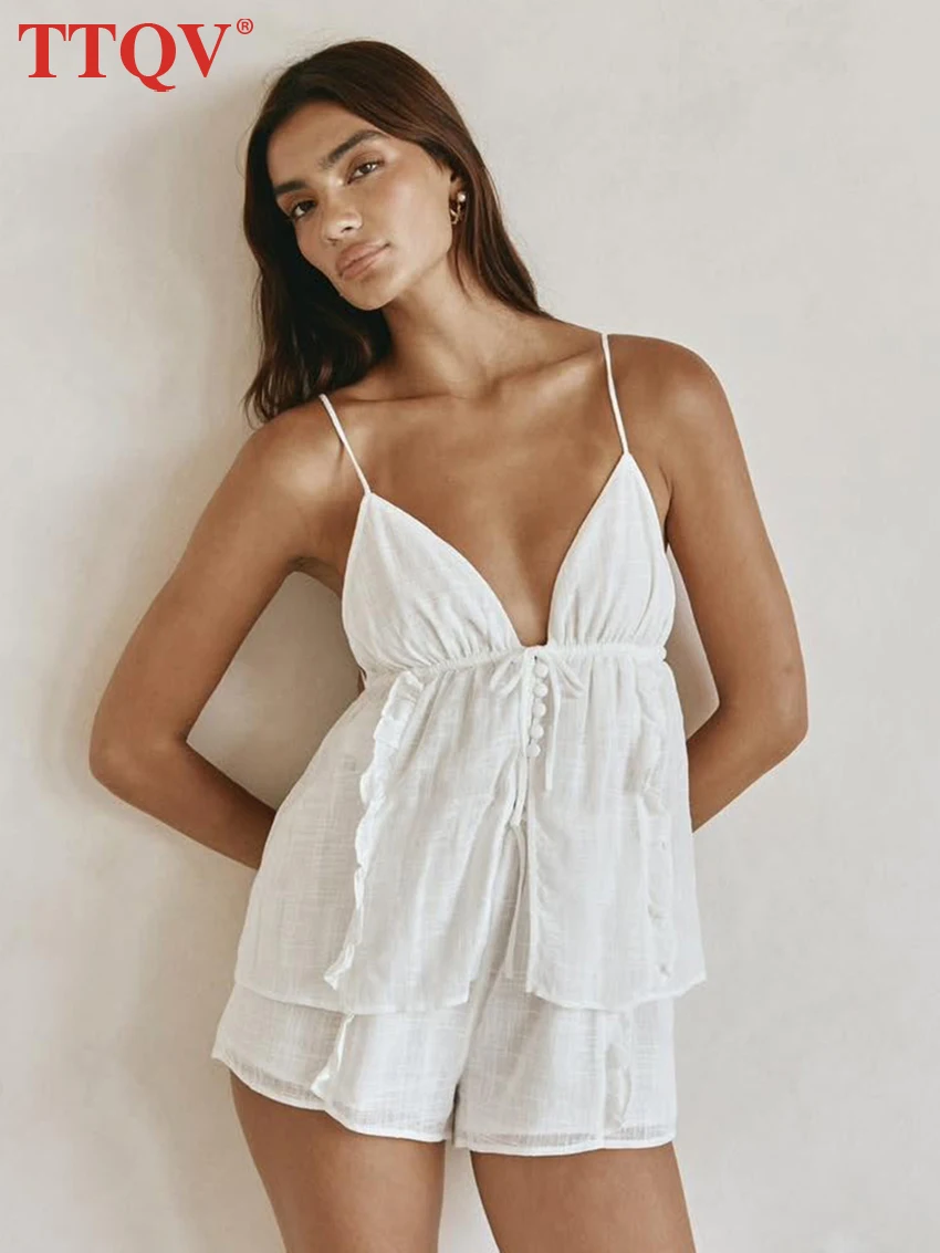 

TTQV Summer Loose White Cotton 2 Pieces Set For Woman 2026 Sexy Sleeveless Tank Top With High Waist Shorts Set Female Clothing