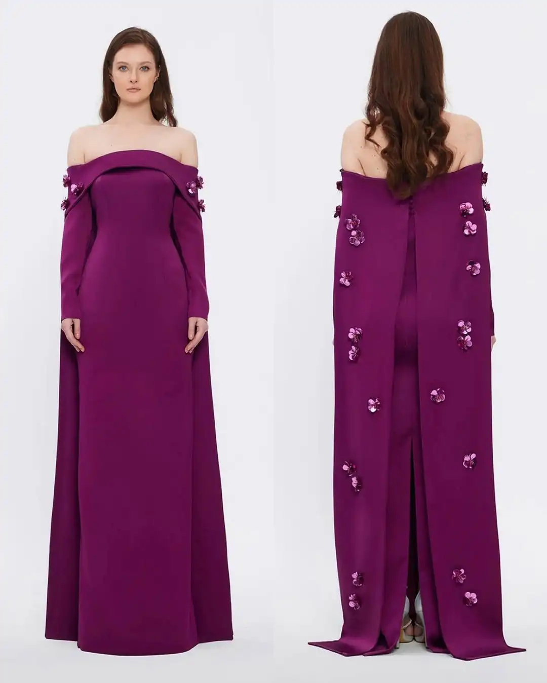 

Customized Sheath Long Sleeves Prom Dresses Off The Shoulder Pleated Sequins Flowers Floor Length Temperament Evening Dresses