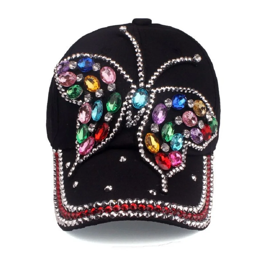 Cowboy hats for women in spring and autumn, butterfly colored diamonds, baseball caps, distressed and versatile, sun protection