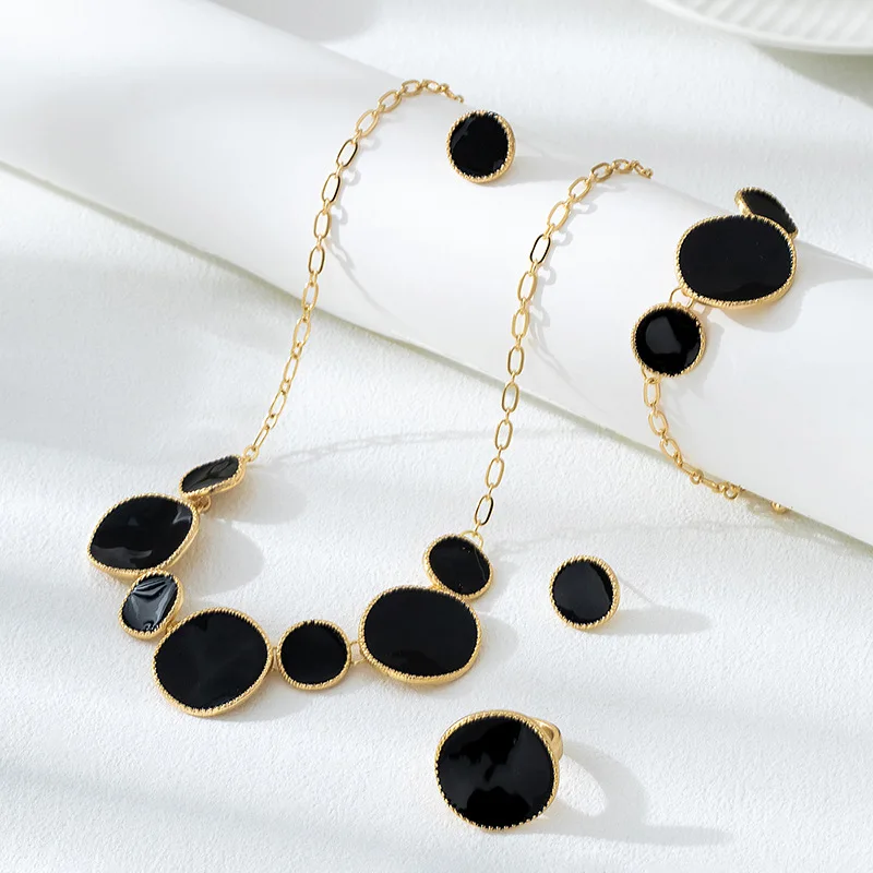 

5PCS Colored Irregular Circular Dripping Oil Jewelry Set for Women Fashion Bracelet Necklace Earring Ring Set Party Gifts