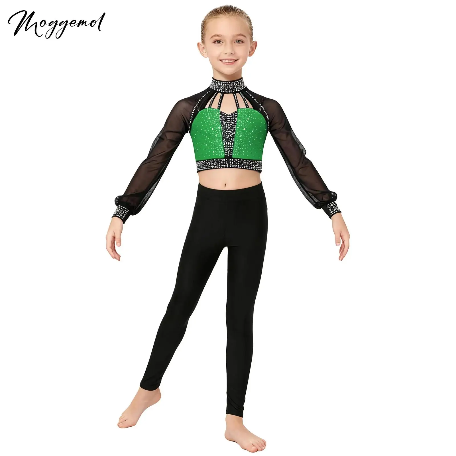 女の子用バレエフィギュアスケートダンス衣装モックネックシアーメッシュ長袖バックストラップ付き光沢のあるラインストーンクロップトップとレギンス