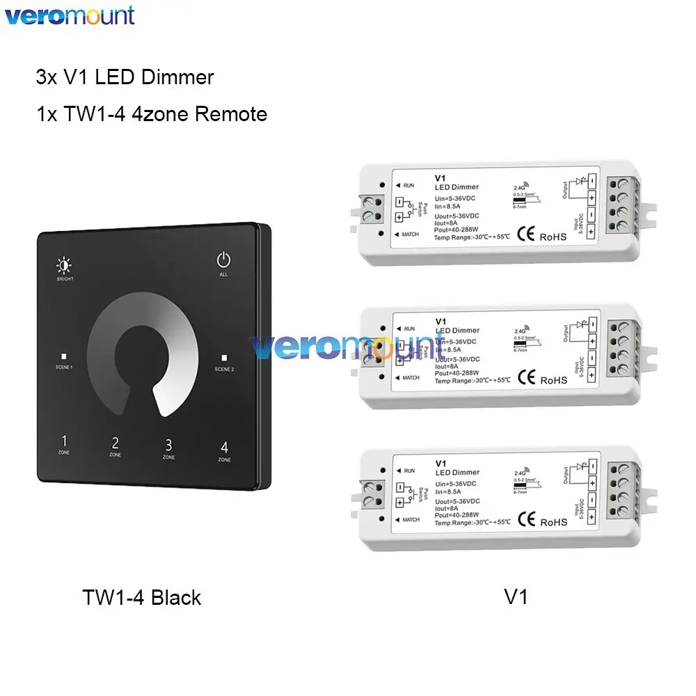 Skydance V1 LED Dimmer 1CH 5V 12V 24V 36V Enkele Kleur LED Strip Dimmen Kit Draadloze 2.4G RF 4Zone Afstandsbediening Touch Schakelaar