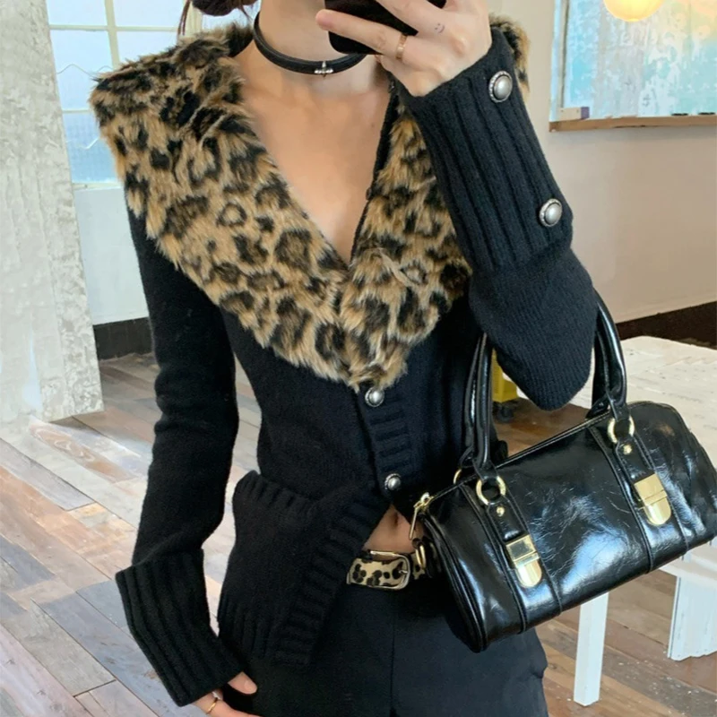 Women Clothing Vintage Sweater Black Detachable Leopard Fur Collar Design Slim-fit Knitwear Lady Spring&Winter Outerwears pull