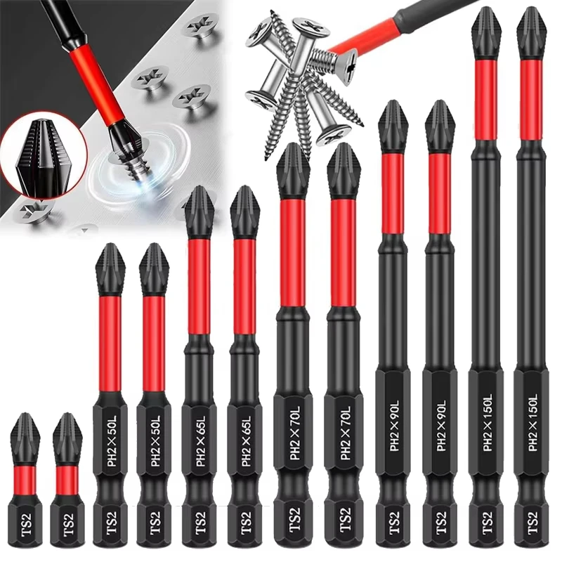 Conjunto de bits magnéticos antiderrapantes para chave de fenda, liga de aço S2, resistência ao impacto, 3/6/12 peças, Phillips, adequado para furadeiras elétricas