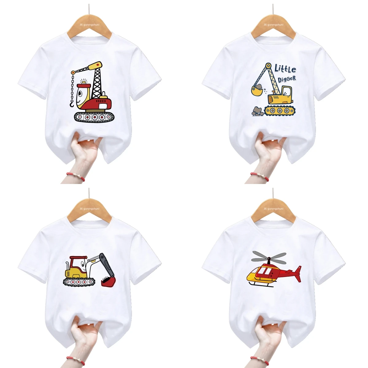 

Kaiwaii Cartoon Truck Excavator Theme T-Shirt Traffic Helicopter Bulldozer T Shirt Girls Boy Gift Kids Clothes Short Sleeve Top