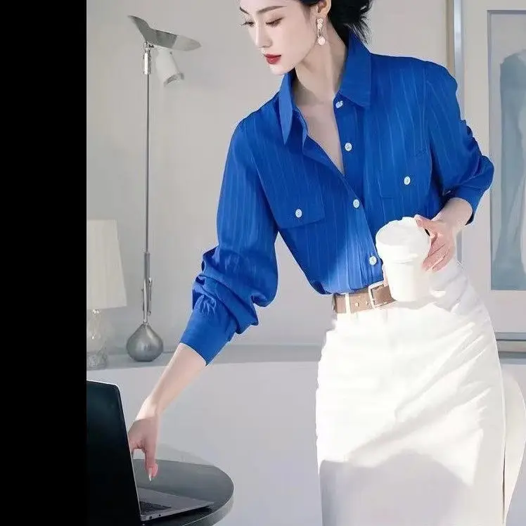 

Long Sleeve Shirts Womens Chiffon Button Down Tops Lantern Sleeves Slim Fit Pleated Hem Polka Dot Preppy Feminine Retro French