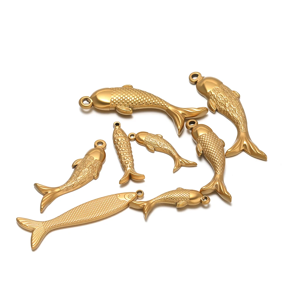 5 Stück Edelstahl-Fisch-Anhänger mit 18K Goldbeschichtung für DIY Kinderarmbänder, Ohrringe, Anhänger, süße Halsketten, Schmuckzubehör – Detail 1