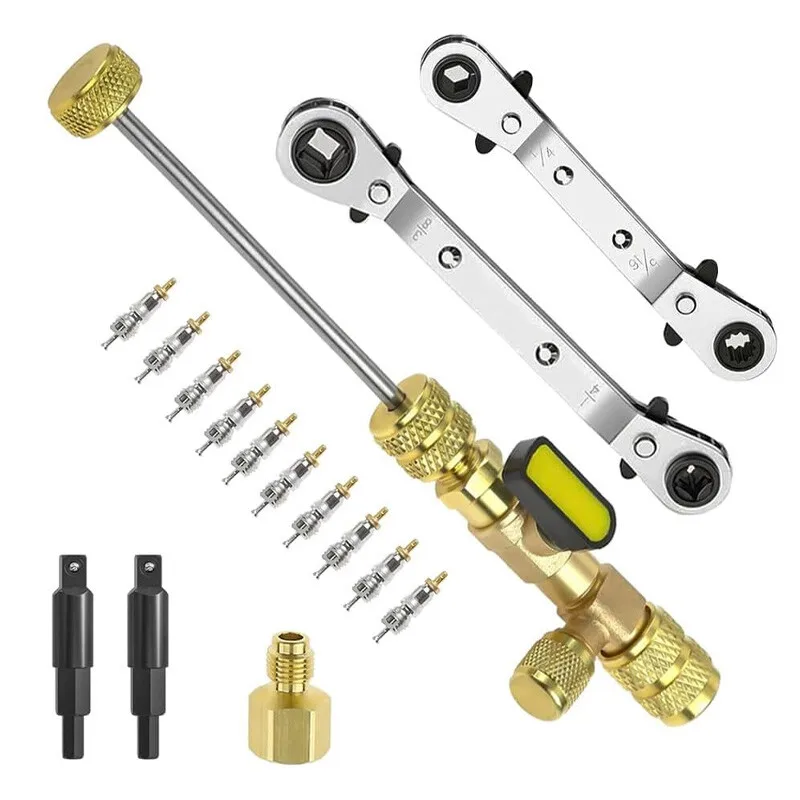 Valve Core Remover Installer Tool & HVAC Service Wrench with Hex Bit Adapter Kit for R22 R12 R407 R410 R404 R32 XLB-1164
