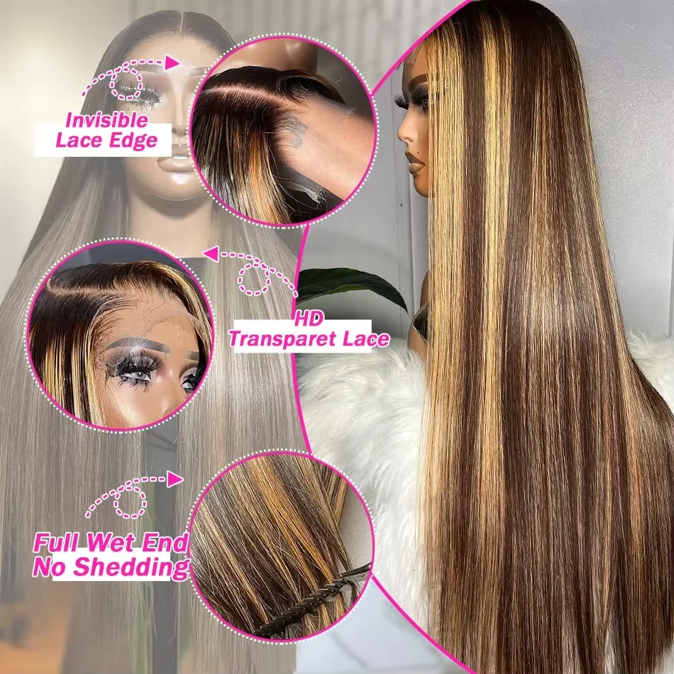30 32 Inch Ombre Highlight 250% Density 13x4 HD Lace Front Human Hair Wigs Straight Honey Blonde Peruvian Glueless Frontal Wigs