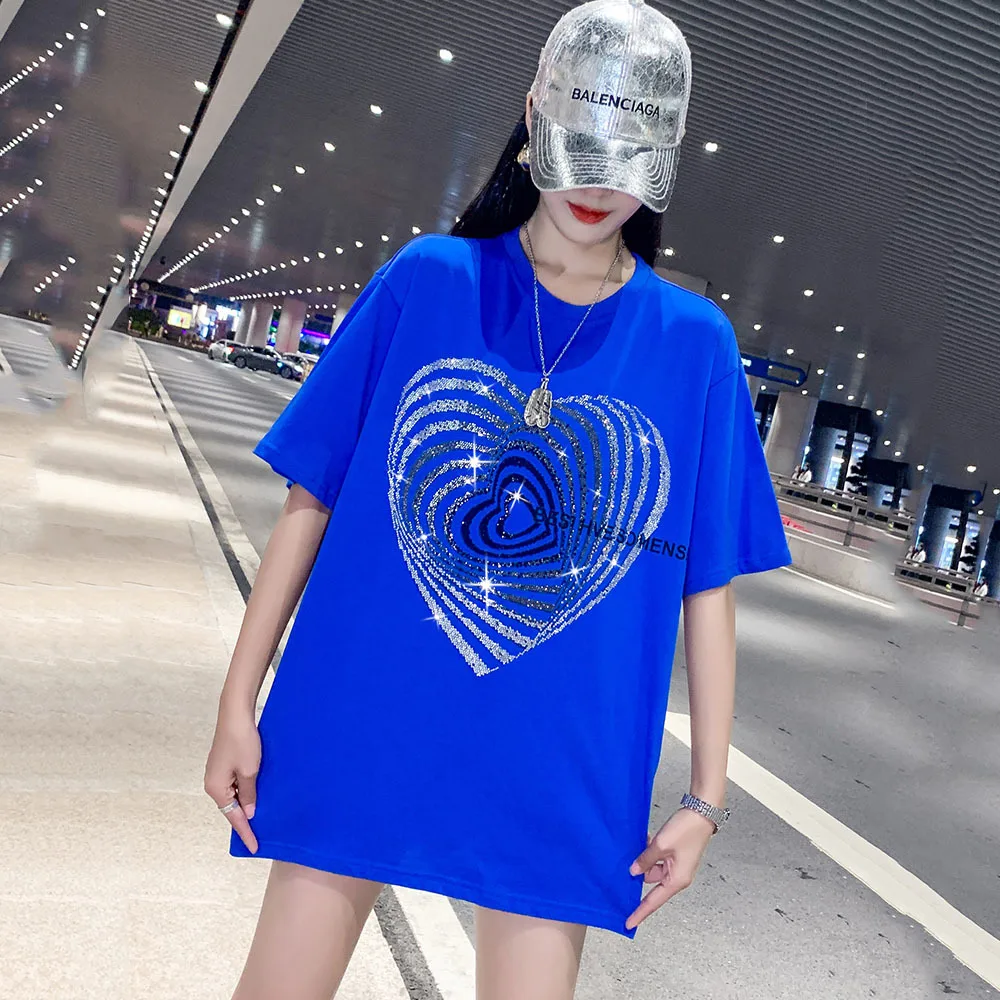 2022 Summer Fashion Streetwear Rhinestone heart pattern T-Shirt Women Casual Loose Tees Lady Tops S-4XL 40-150KG