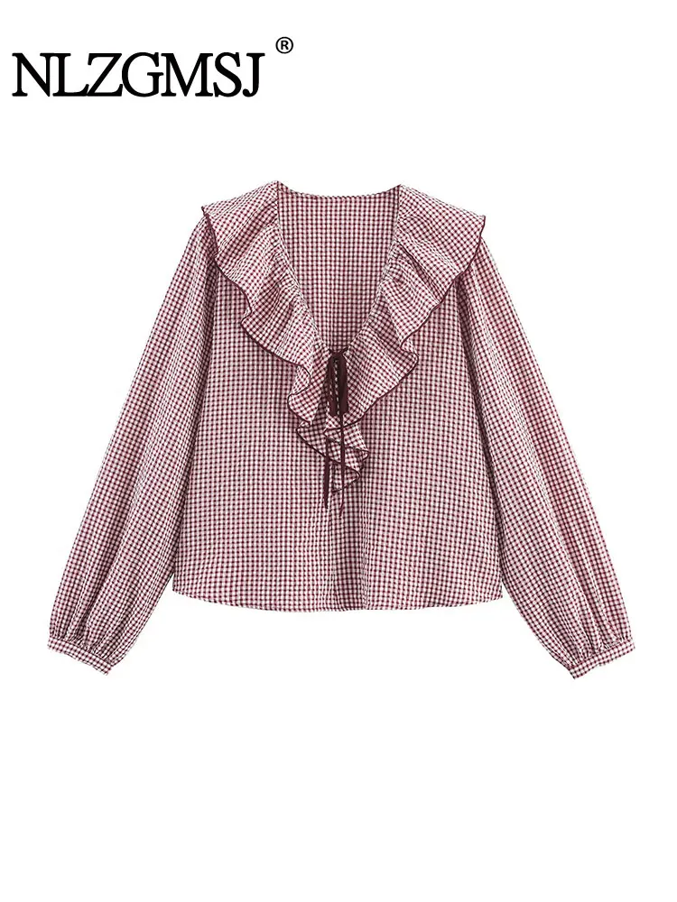 

NLZGMSJ Повседневная шикарная женская блузка в клетку, рубашки с длинными рукавами и принтом, новая мода, весна-осень 2025 года, праздничные блузки