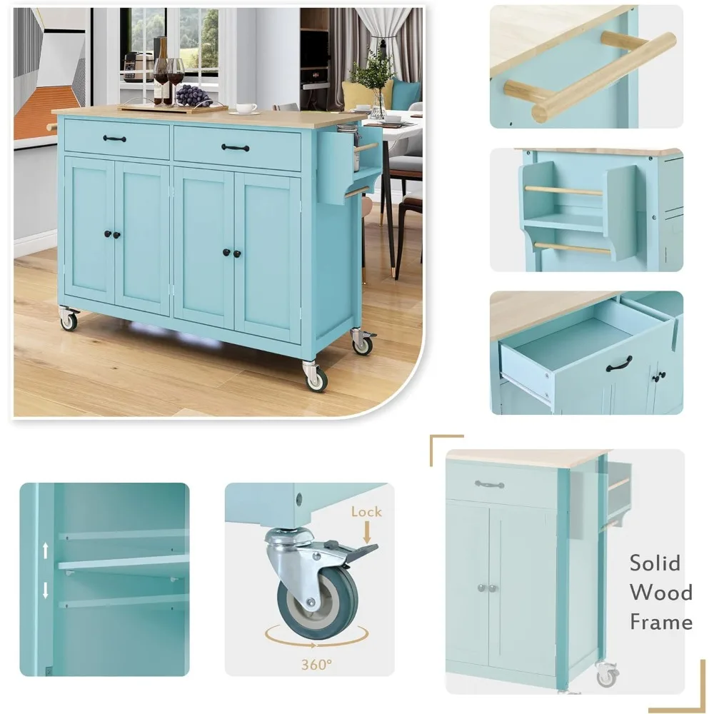 Kitchen Island with Storage, Moveable Kitchen Island Cart on Wheels, for Kitchen, Mint Green,Kitchen Islands & Trolleys