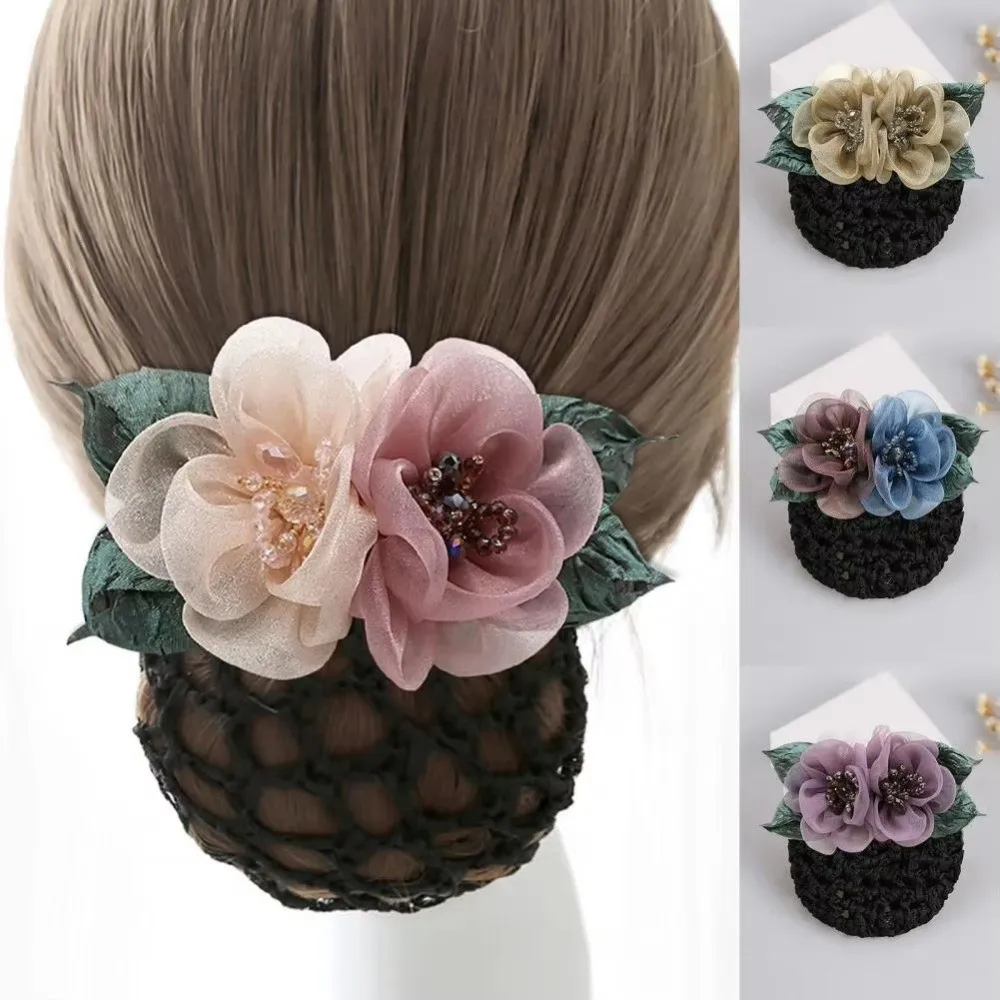 

Floral Pattern Flower Hair Clip with Bun Cover Breathable Mesh Women Hair Bun Cover Net Spring Metal Elegant