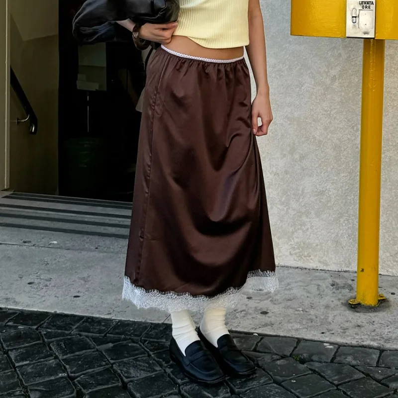 Tuularose Fashion Lace Skirts Vintage Brown Lace Patchwork Casual New Skirts Elegant Luxury Party Looks Commuter Women Skirts