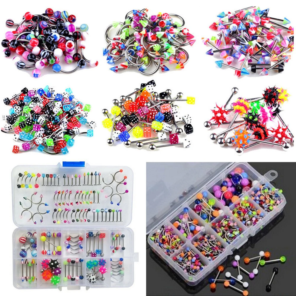 60Pcs Mixed Lip Piercing Body Jewelry Barbell Rings Tongue Ring 12 Patterns-New