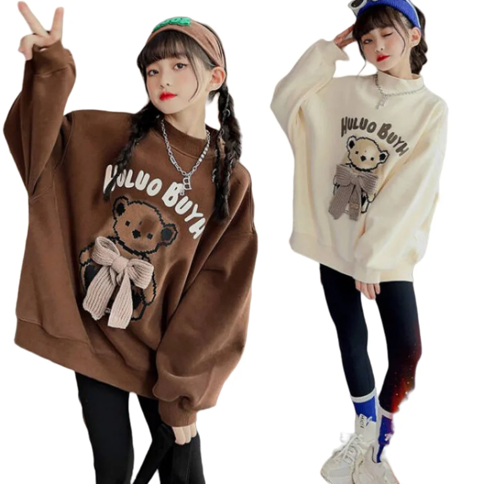 New Cotton Kids Girls Warm Plush Hoodie Winter Autumn Fashion 5-14 Childrens Long Sleeve Cartoon Tops Sweater Clothes