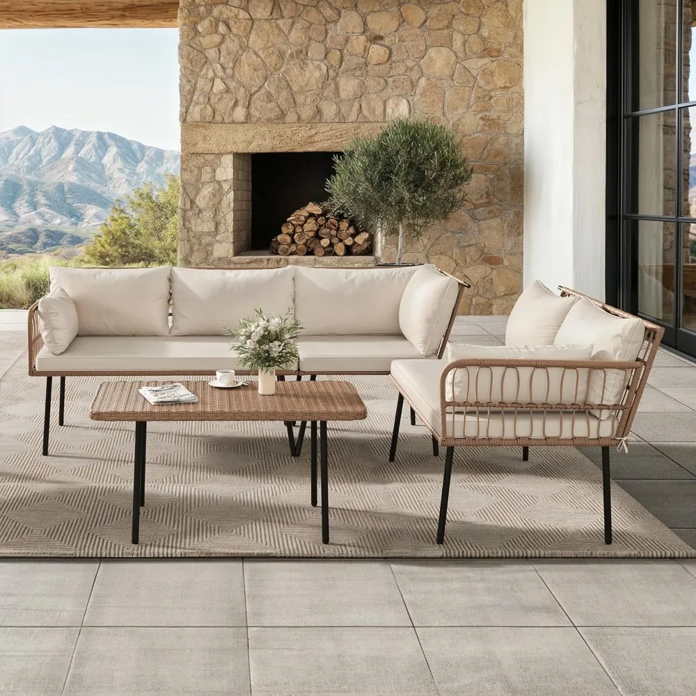 

4-piece Willow Terrace Furniture Set, All-weather PE Rattan Conversation Set, Segmented Sofa with Soft Cushion and Side Table