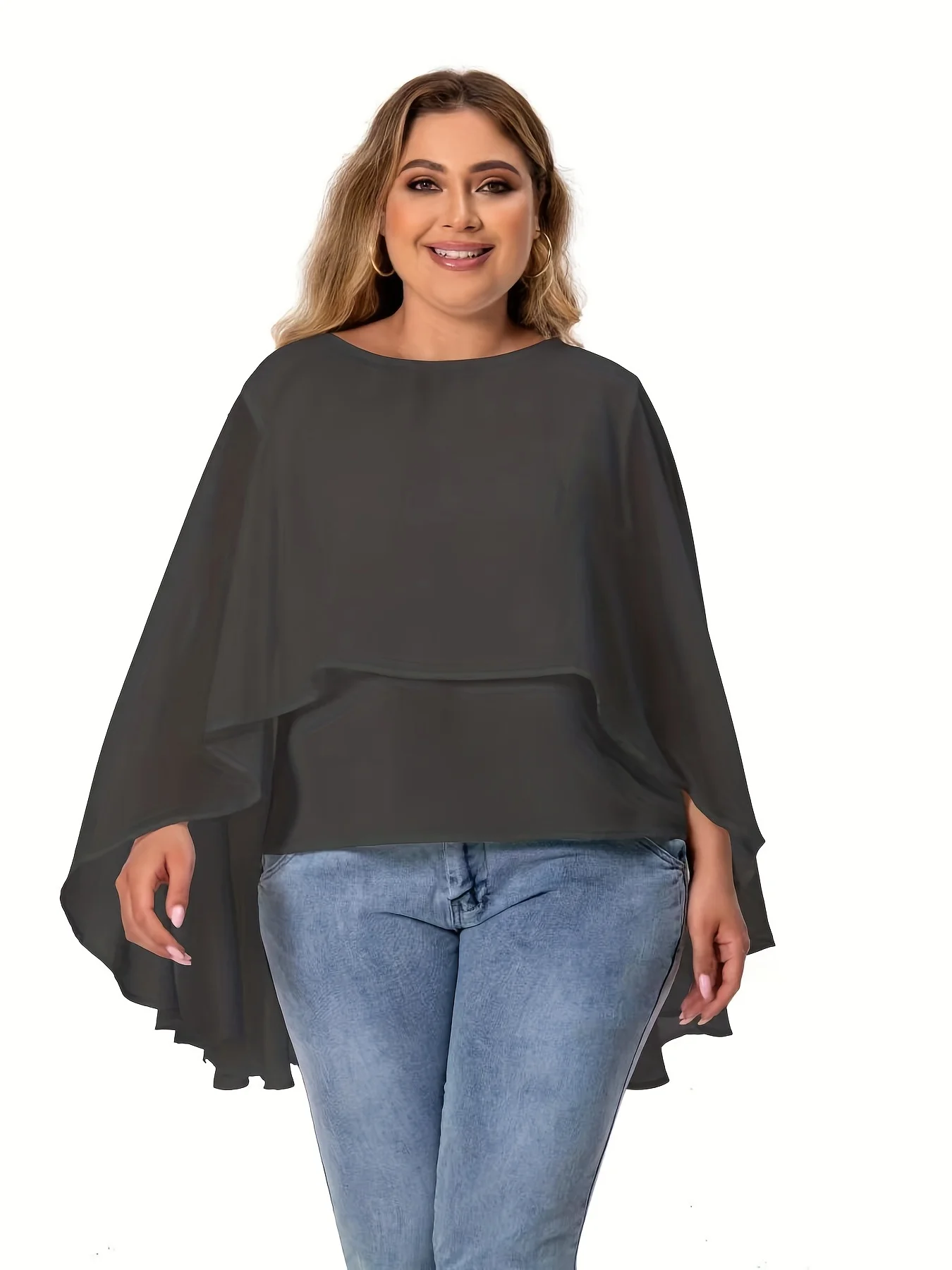 

Plus-size Solid Crew Neck Asymmetric Chiffon Top, Elegant Avant-garde, For Dates, Casual Gatherings & Daily Wear.
