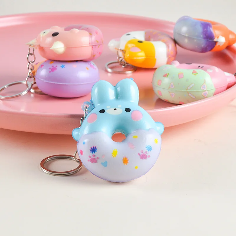 

2PC Cartoon Animal PU Doughnut Squeeze Toy Keychain Pendant Soft Cute Doughnut Slow Rebound Decompression Pinch Toys Gifts