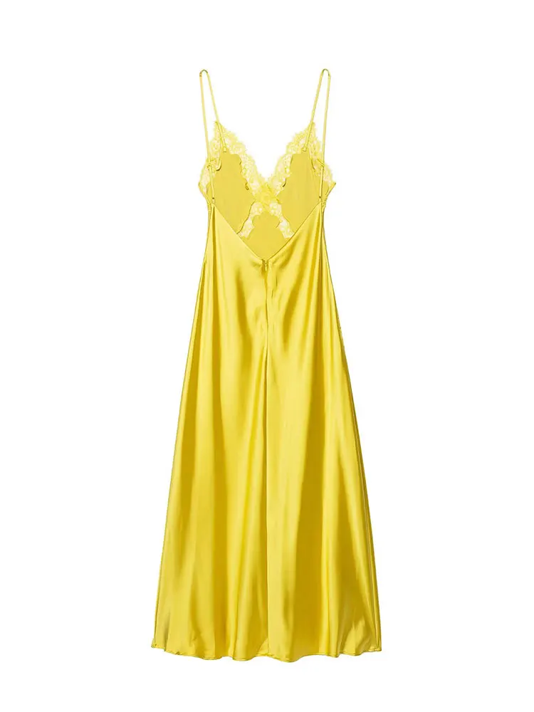 เดรสผ้าซาตินสีเหลืองประดับลูกไม้แบบสายเดี่ยว รุ่น NLZGMSJ ประจำฤดูใบไม้ร่วงปี 2025 สำหรับผู้หญิง ดีไซน์หรูหรา คอวี โชว์หลัง แขนกุด สไตล์เก๋ไก๋ เหมาะสำหรับงานปาร์ตี้และคลับ