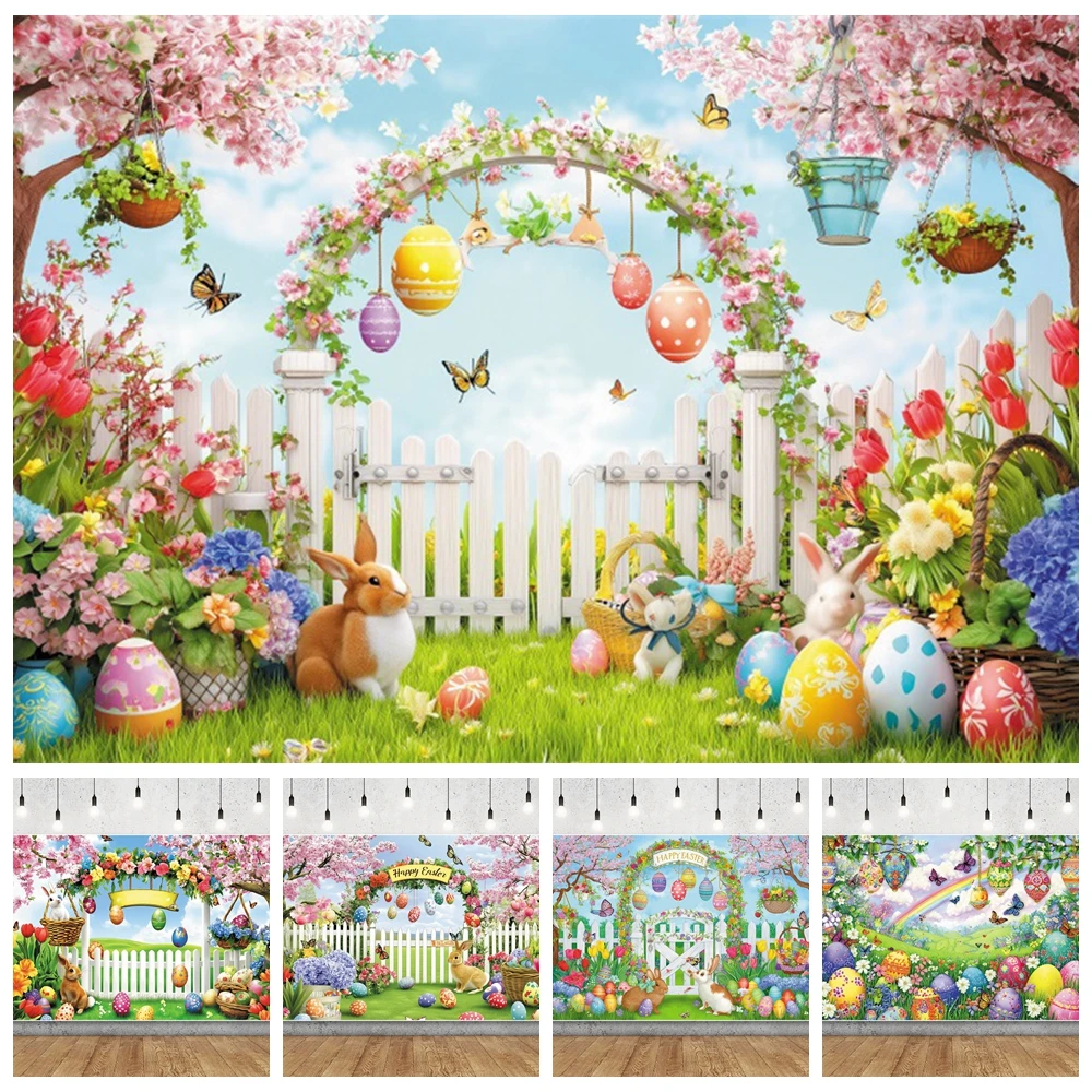 Spring Easter Backdrop Pink Flowers Fence Easter Colorful Eggs Green Lawn Natural Scenery Photography Background Photo Studio