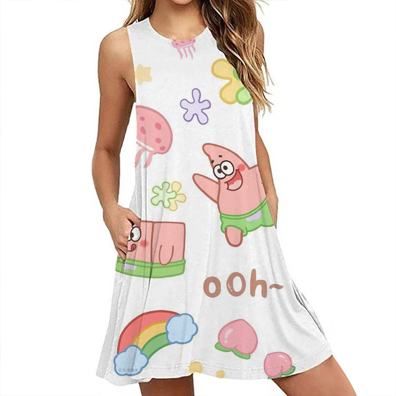 Cute SpongeBob SquarePants dress 2024 new loose dress 3D cartoon sleeveless pullover dress fashionable casual comfortable dress