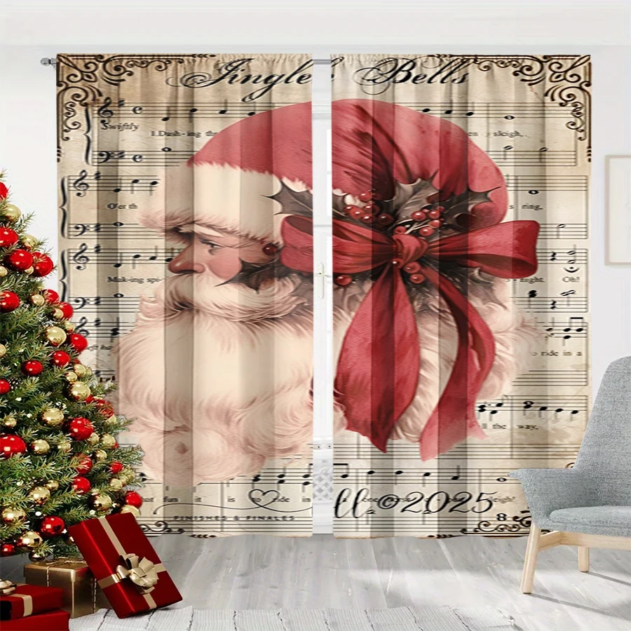 2PCS Digital Print Curtain, Vintage Sheet Music with Santa Claus Portrait and Red Bow, Jingle Bells Retro, for Window Home Decor