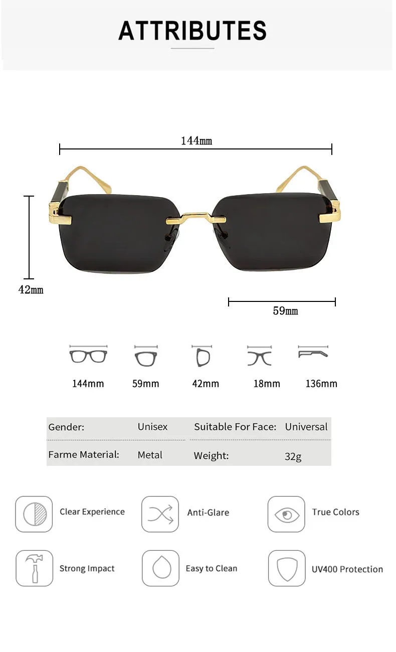 Neue 2024 Quadratische Sonnenbrille Frauen Trendy Vintage Designer Randlose Sonnenbrille Für Männer Urlaub Mode Gläser Lentes De Sol Mujer – Detail 10
