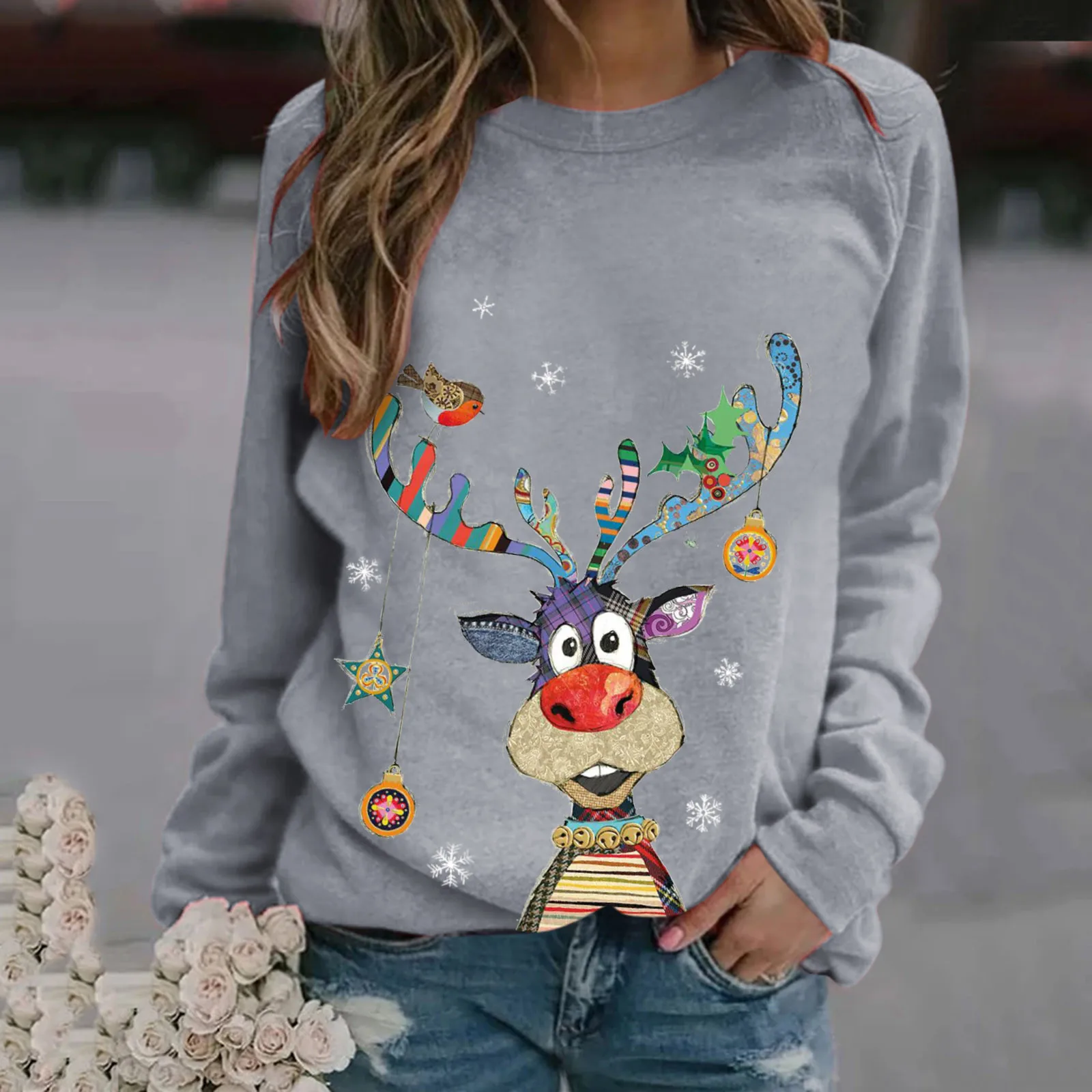 Autumn Winter Christmas Sweater Vintage Elegant Tops Ladies Round Neck Animal Printed Long Sleeve Street Fashion Snowman T-shirt