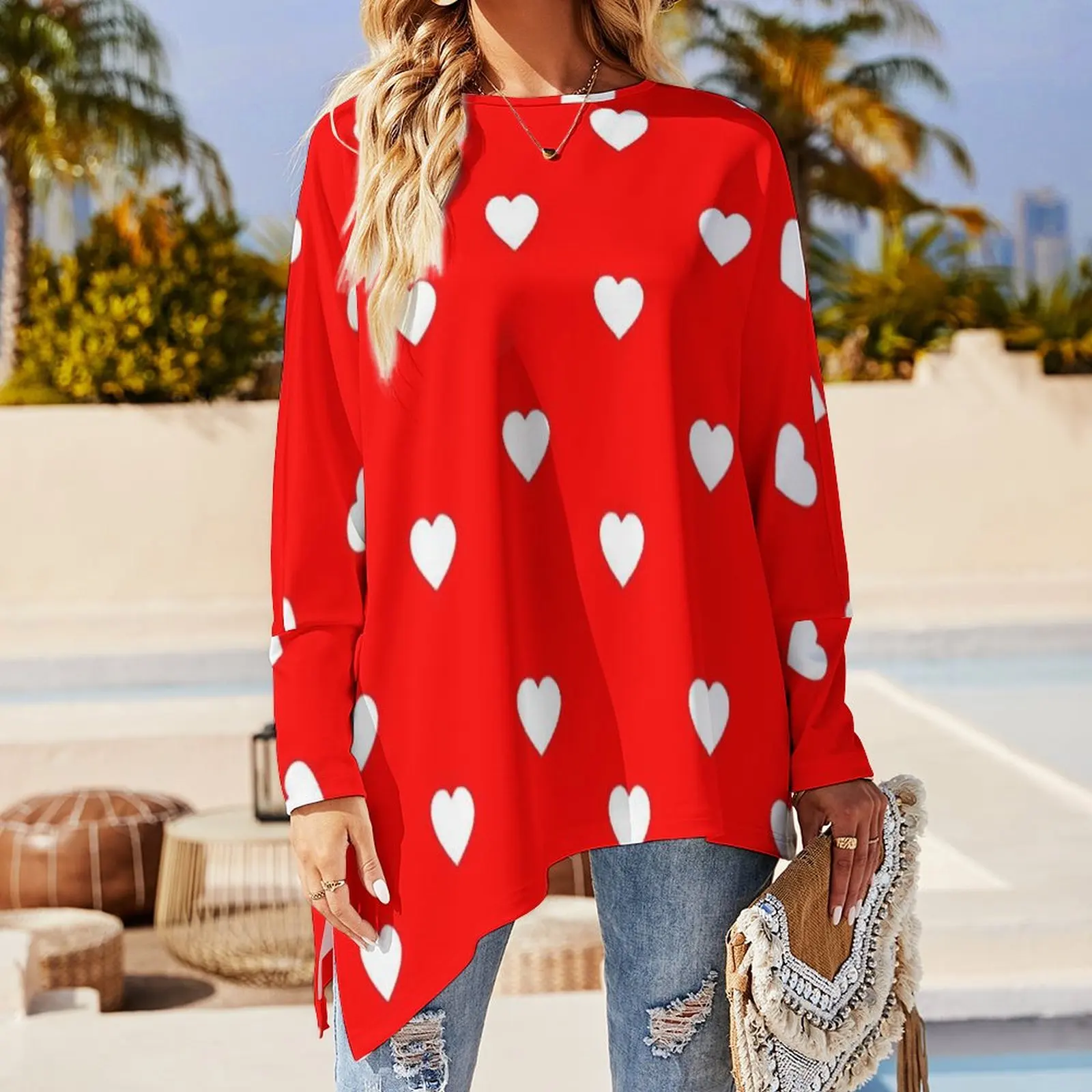 White Hearts for Valentines Day T-Shirt  Retro Long Sleeve T-Shirts Loose Big Size Tee Shirt Female Graphic Clothes Gift Idea