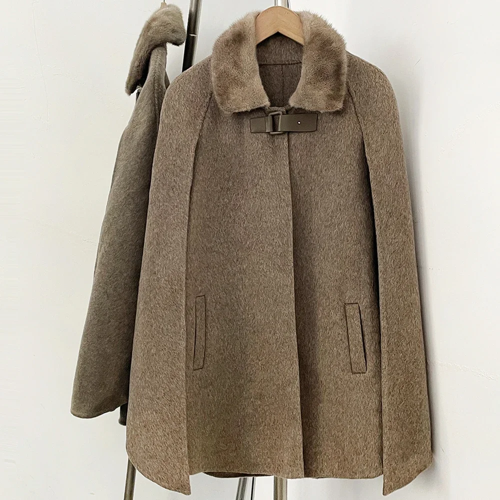 OFTBUY Neue Winter-Kaschmirkleidung Damen-Oberbekleidung Cape-Mantel Wollmantel Echter Nerzpelzkragen Schnallenverschluss Vorne Mittellange Wolljacke – Detail 6