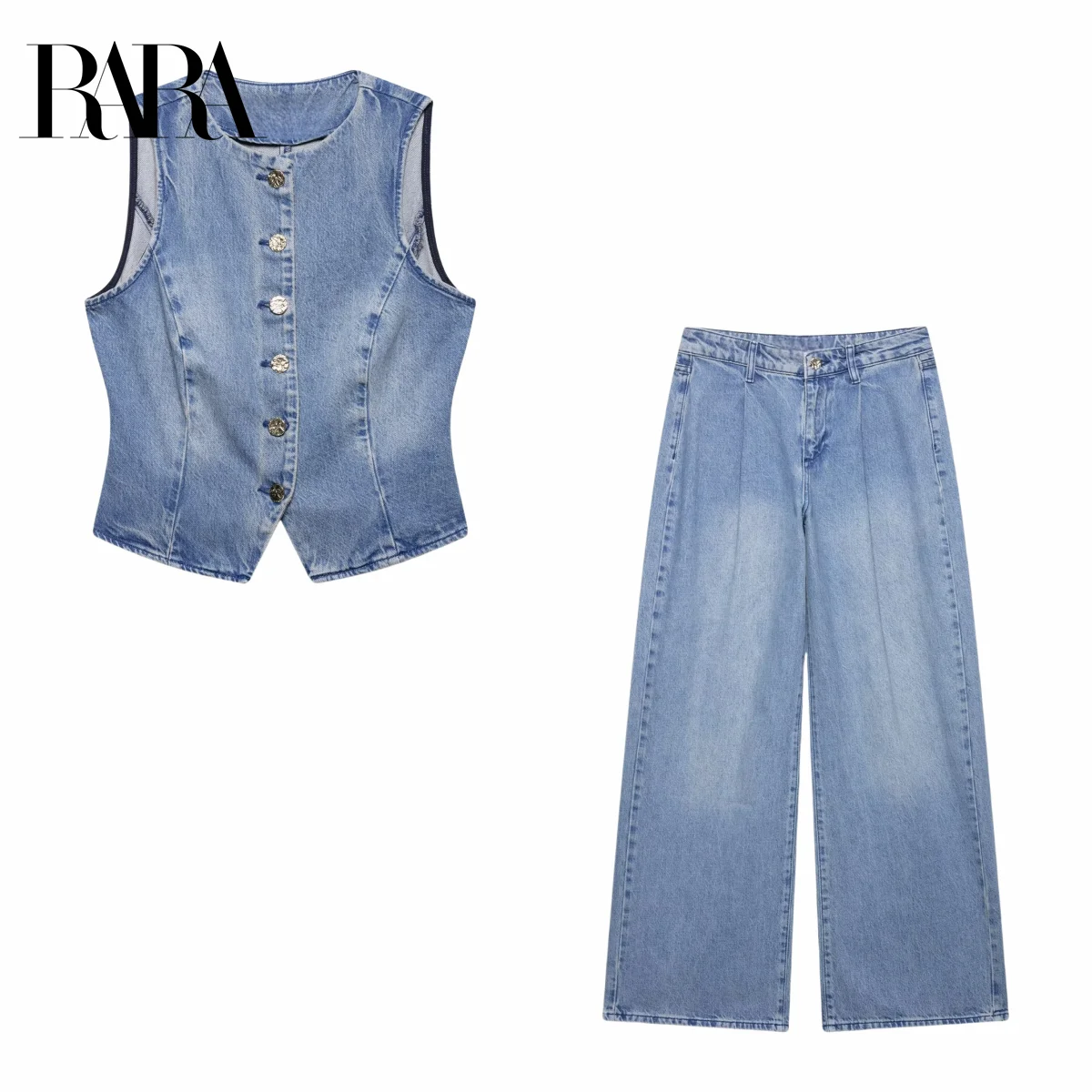 

RARA Womens Sleeveless Cropped Denim Vest and High Waisted Pleated Wide Leg Jeans Set for a Trendy and Stylish Look